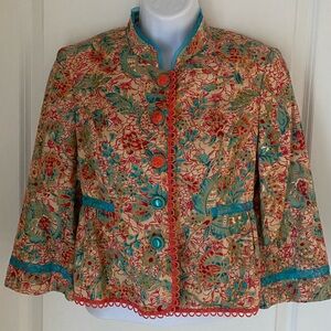 Cynthia Steefe Floral Crop Blazer Scalloped Trim Fairy Whimsical Cotton Silk Sz4